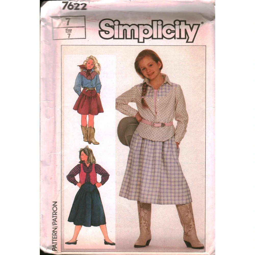 Vintage Simplicity 7622 Girls Western Skirt Shirt Vest Sewing Pattern Size 7